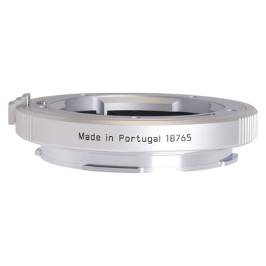 Leica M-Adapter L silver, side view with Made in Portugal 18765 engraving and red index