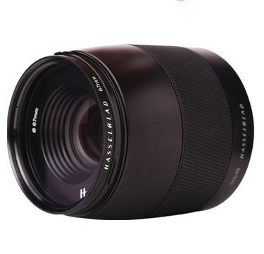 Hasselblad XCD 65mm angled front view showing filter and HASSELBLAD 67mm ring