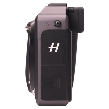 Hasselblad X1D II 50C left side showing battery compartment door with H logo
