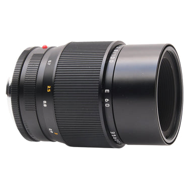 Leica 100mm f2.8 Apo Macro Elmarit-R side view showing focus scale and E60 front