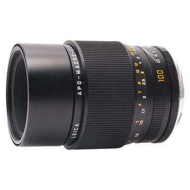 Leica 100mm f2.8 Apo Macro Elmarit-R side view showing engraved name and built-in hood
