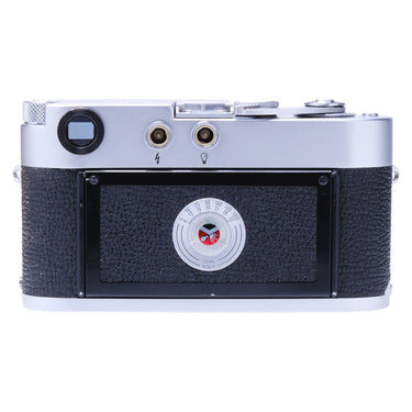Leica M2 rear view with viewfinder eyepiece, flash sockets and film reminder dial