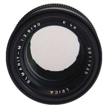 Leica 90mm f2.8 Elmarit-M front element face with E46 and serial engravings