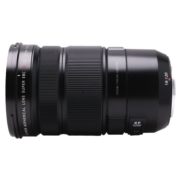 Fujifilm XF 18-120mm f4 lens laid on side showing zoom rings and Z/F switch