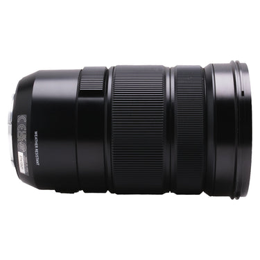 Fujifilm XF 18-120mm f4 lens side view showing Weather Resistant marking