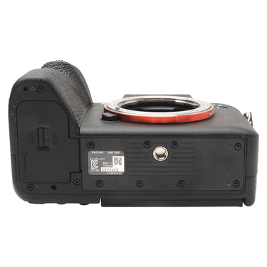 Sony a7S III bottom plate showing serial number label and tripod socket