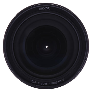 Nikon Z 24-70mm f2.8 S front element straight-on with NIKKOR and 82mm marking
