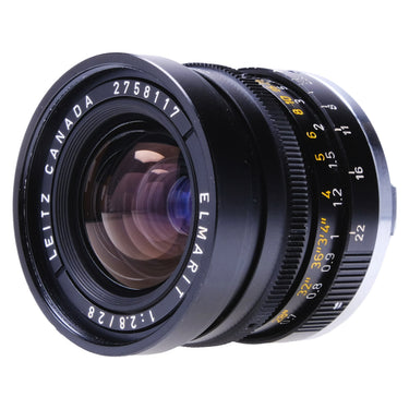 Leica Elmarit 28mm f2.8 front three-quarter view showing front element and name ring