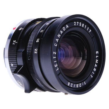 Leica Elmarit 28mm f2.8 front angle showing focus scale and red mount index