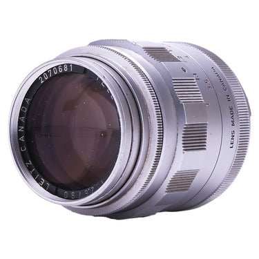 Leica 90mm f2.8 Tele-Elmarit side view showing front glass and Lens Made in Canada engraving