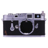 Leica M3 DS front view with lens mount open, chrome top plate and cracked leatherette at lower left corner
