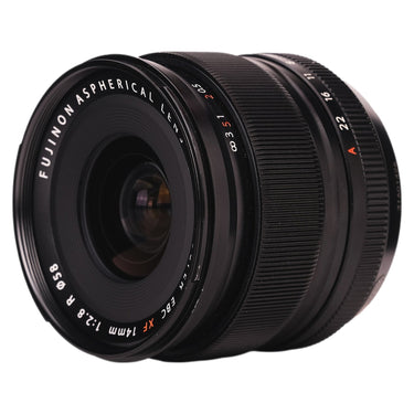 Fujifilm XF 14mm f2.8 R front three-quarter view with branding
