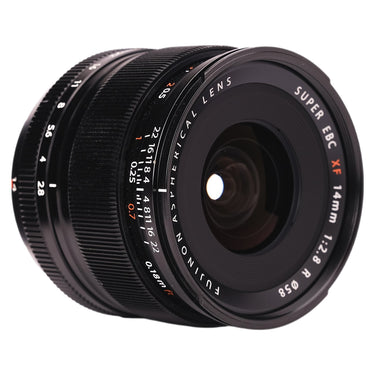 Fujifilm XF 14mm f2.8 R front three-quarter view showing aperture ring
