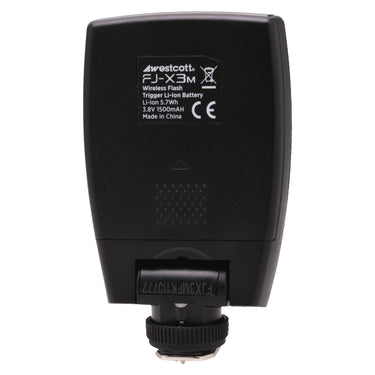 Westcott FJ-X3m flash trigger rear view with battery spec label and hot-shoe foot
