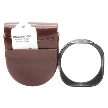 Rollei bayonet lens shade beside its brown leather case with SKU tag