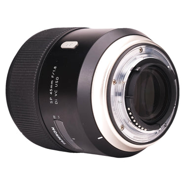 Tamron SP 45mm f1.8 Di VC USD rear showing mount contacts and SP badge