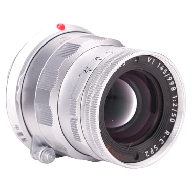 Light Lens Lab 50mm f2 R-C SP2 angled view of front element and depth-of-field scale
