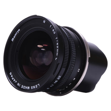Mamiya 7 43mm f4.5 L front three-quarter view with built-in hood