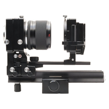 Contax Auto Bellows side view with 100mm S-Planar lens and slide copier on rail
