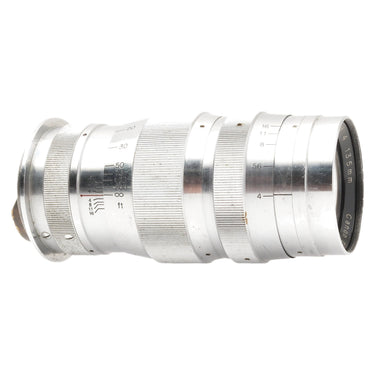 Canon 135mm f4 Serenar side view showing aperture scale and knurled focus rings