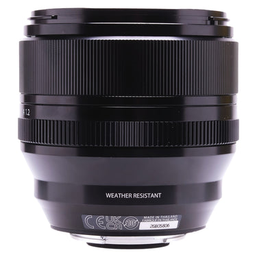 Fujifilm XF 56mm f1.2 R WR side view with serial number and Weather Resistant marking