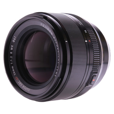 Fujifilm XF 56mm f1.2 R WR angled view of front element and barrel markings