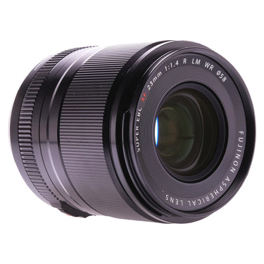 Fujifilm XF 23mm f1.4 lens side profile with front element and barrel markings