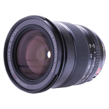 Fujifilm XF 16-55mm angled view of front element with focal length and aperture scale