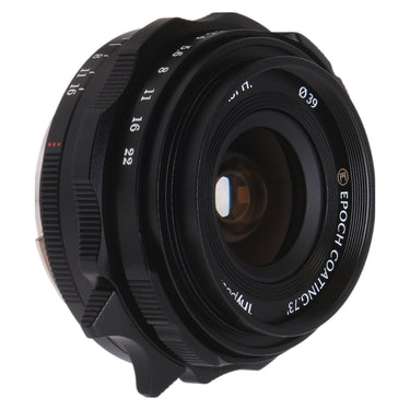 Thypoch Ksana 21mm f3.5 front angle showing 39mm filter thread and Epoch coating marking