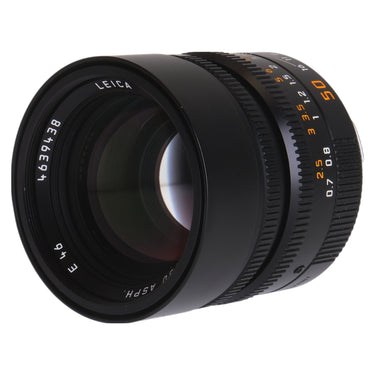 Leica 50mm f1.4 Summilux-M ASPH front three-quarter view with serial 4639438 and E46 marking