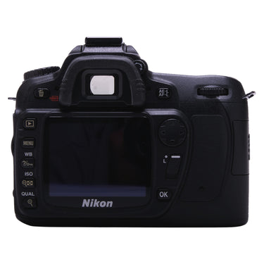 Nikon D80 rear view showing LCD screen, viewfinder, and control buttons