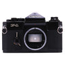 Canon F-1 black film SLR body front view with bare lens mount and mirror