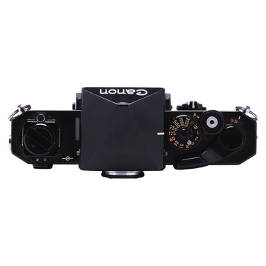 Canon F-1 top plate with Canon logo, shutter speed dial and film advance