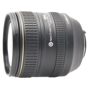 Nikon 16-80mm side view showing Nano Crystal Coat label and serial number