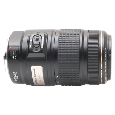 Canon EF 75-300mm side view with AF/MF and stabilizer switches