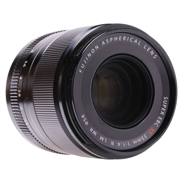 Fujifilm XF 33mm f1.4 R LM WR angled front view showing aperture scale