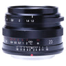 Voigtlander Nokton 23mm f1.2 with hood, front view showing aperture and distance scales