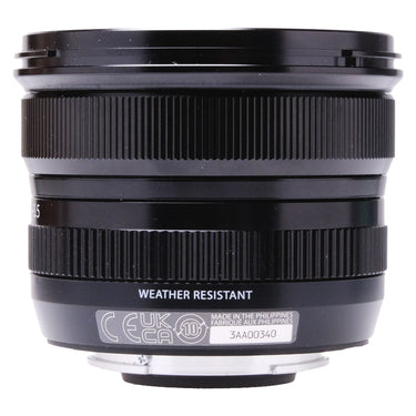 Fujifilm XF 8mm f3.5 R WR side view with Weather Resistant marking and product label