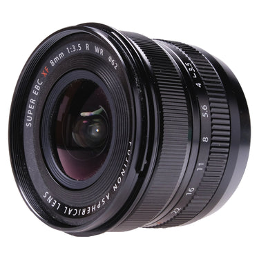 Fujifilm XF 8mm f3.5 R WR front three-quarter view showing front glass and aperture scale