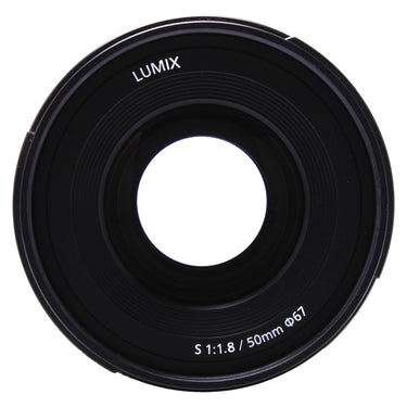 Panasonic Lumix S 50mm f/1.8 front element view with LUMIX marking and 67mm filter thread