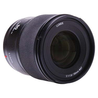 Panasonic Lumix S 50mm f/1.8 angled view of front element and ribbed focus ring