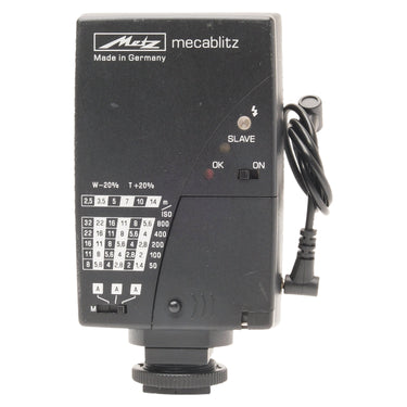 Metz Mecablitz 34 CS-2 flash back with control panel, exposure guide chart, and on switch