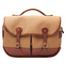 Billingham Mini Eventer khaki and tan camera bag, front view with leather straps and buckles