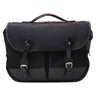 Billingham Eventer black canvas bag front view with leather buckle straps and front pockets
