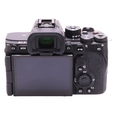 Sony A7R V rear view with tilt screen, viewfinder and control buttons