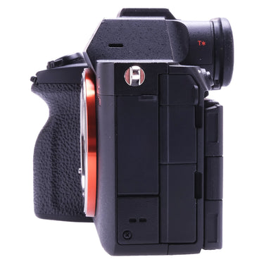 Sony A7R V left side showing strap lug and eyecup