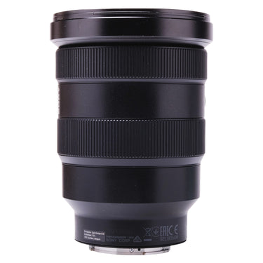 Sony FE 16-35mm F2.8 GM side view with hood showing serial number and SEL1635GM