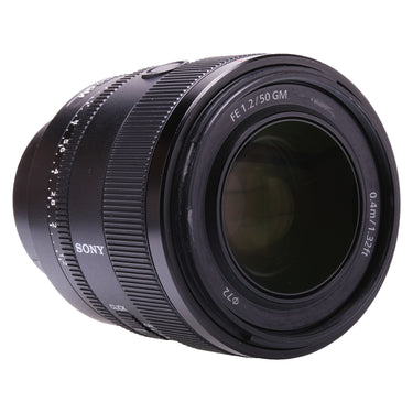 Sony FE 50mm f1.2 GM angled view showing focus and aperture rings and Sony logo