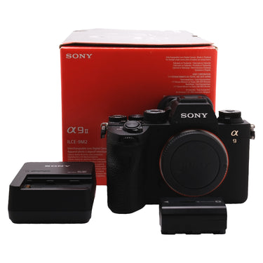 Sony A9 II with original box, battery, and charger, body cap mounted