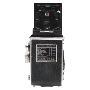Rollei 2.8C Rolleiflex rear view with finder raised and exposure table panel